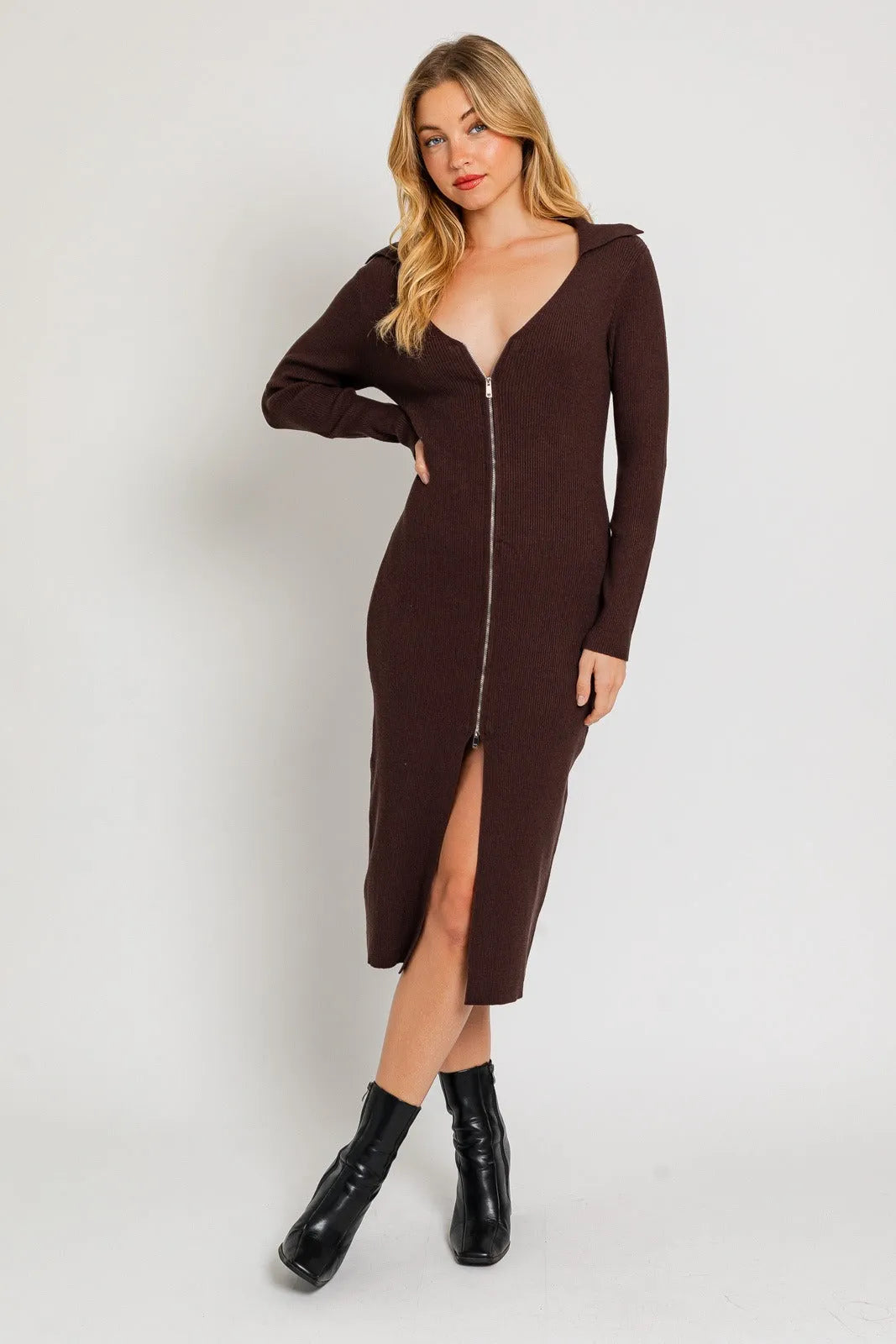 Ribbed Zip Front Ribbed Collared Sweater Midi Dress