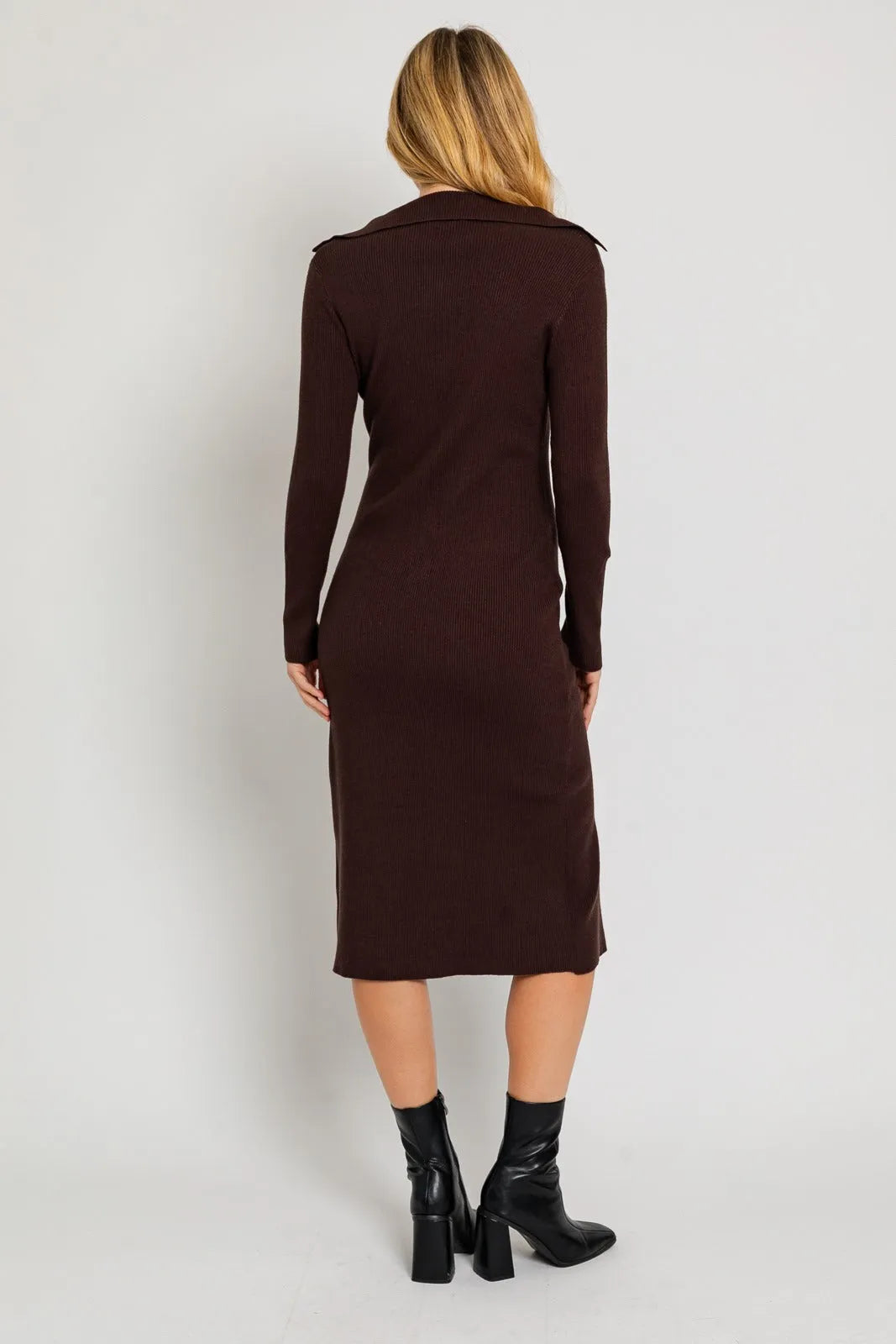 Ribbed Zip Front Ribbed Collared Sweater Midi Dress