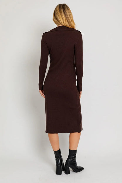 Ribbed Zip Front Ribbed Collared Sweater Midi Dress