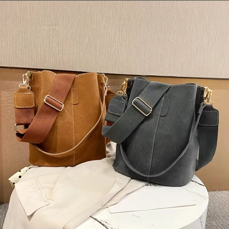 Vintage Bucket Bag Women Nubuck Leather Shoulder Bag Large Capacity Crossbody Bag 2021 Fashion Lady Handle Bag Wild Bag Handbags