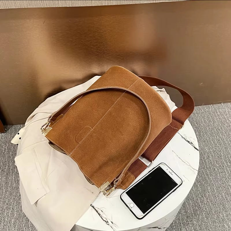 Vintage Bucket Bag Women Nubuck Leather Shoulder Bag Large Capacity Crossbody Bag 2021 Fashion Lady Handle Bag Wild Bag Handbags